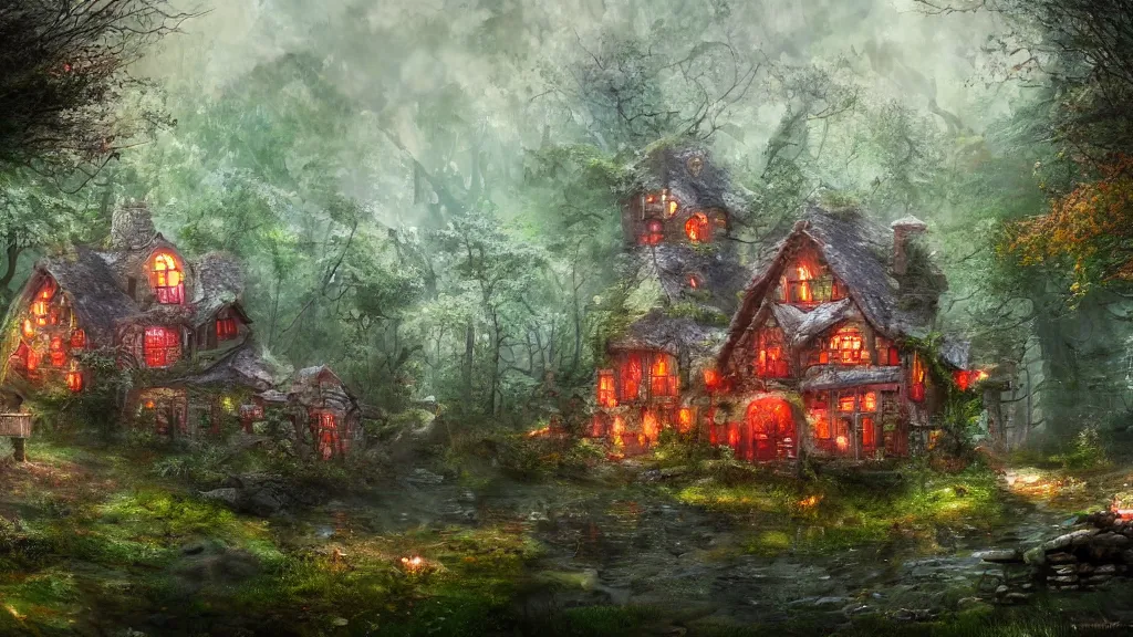 Prompt: fantasy multistorey red toadstool cottage growing in magical forest, foggy atmosphere, volumetric lighting, fantasy artwork, very beautiful scenery, very realistic painting effect, hd, hdr, cinematic 4k wallpaper, 8k, ultra detailed, high resolution