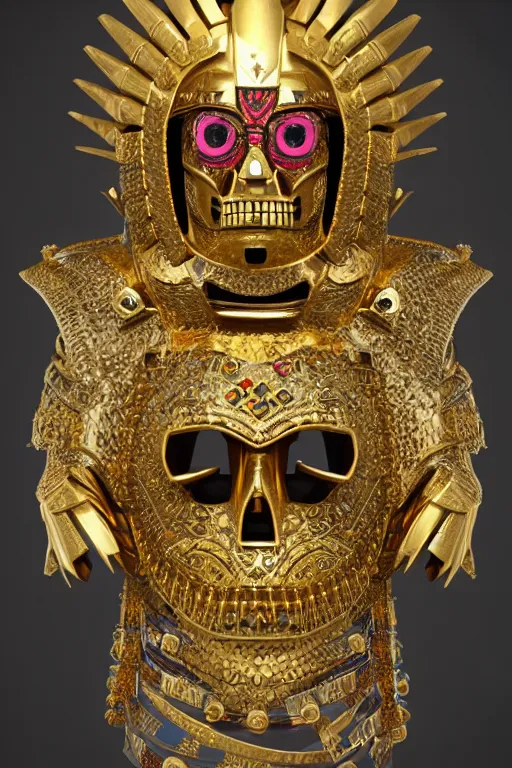 Prompt: Ancient Aztec warlord wearing Gold plated armor adorned with jewels in the shape of skulls, 8k octane rendered, photo realistic, highly detailed, intricate