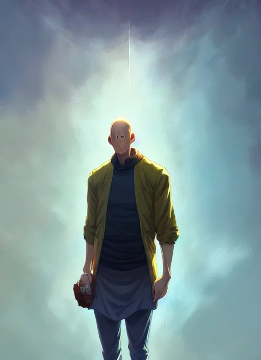 Image similar to handsome saitama, half body shot, path traced, highly detailed, high quality, digital painting, alena aenami, lilia alvarado, shinji aramaki, karol bak, alphonse mucha, tom bagshaw