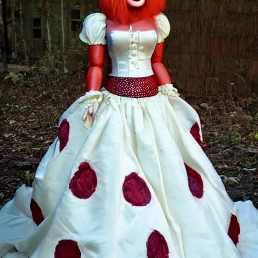 Prompt: Bride of Chucky with pennywise wedding dress