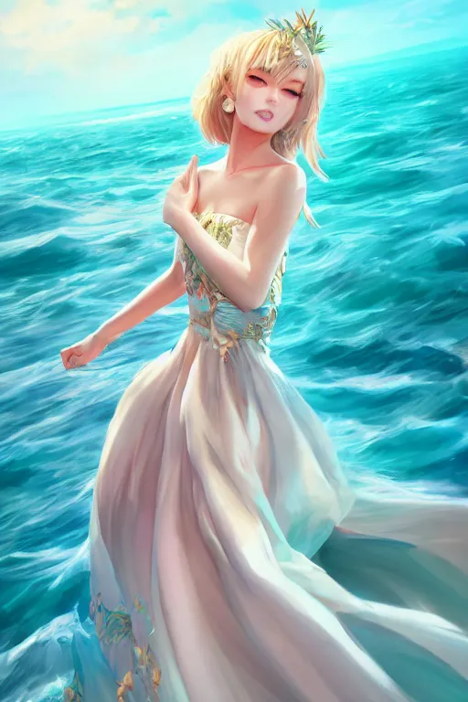 Image similar to a beautiful fashion goddness of love, chic strapless dress, tropical sea background, character design, in the style of artgerm, and wlop, cinematic lighting, hyperdetailed, 8 k realistic, symmetrical, global illumination, radiant light, frostbite 3 engine, cryengine, dof, trending on artstation, digital art