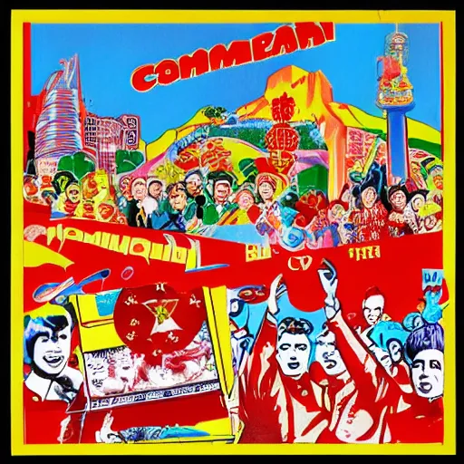 Image similar to a communist revolution in Candy Land, 1960s illustration, high quality, collage in the style of Chinese Propaganda and Andy Warhol, album cover
