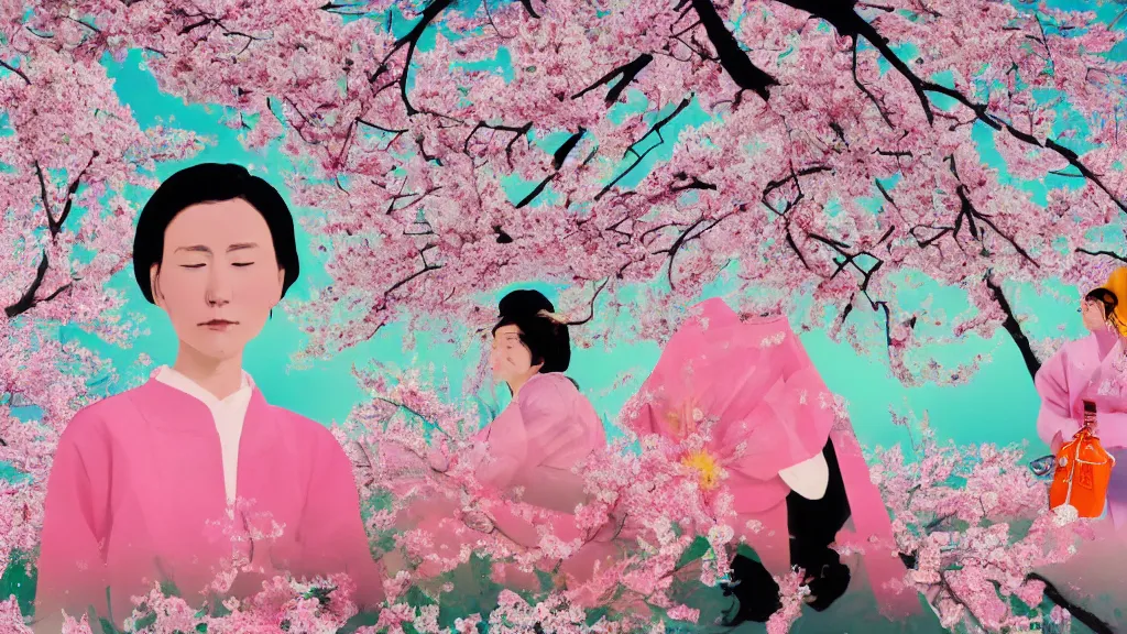 Prompt: close - up of a woman in a small group of people, a flower viewing picnic sakura, japan, a collage painting, in the style of wes anderson, lola dupre, david hockney, isolated on negative white space background dark monochrome neon fluorescent spraypaint accents volumetric octane render