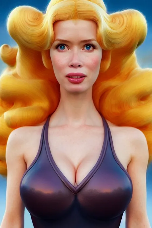 Prompt: polished sweaty princess peach : : claudia schiffer face : : christina hendricks body : : weta disney pixar movie still photo : : hi - fructose, sci fi, fantasy, decadent highly - detailed digital painting, golden ratio, octane render, artstation, smooth, sharp focus, artgerm, mucha, loish, wlop : :