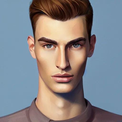 Prompt: tall man in his twenties with brown blond short quiff hair and thin slightly round facial structure with cleft chin, straight eyebrows and prominent bumpy nose, good definition of cheekbones, big hazel nut brown eyes, narrow face, slim body, atmospheric lighting, painted, intricate, 4 k, highly detailed by charlie bowater