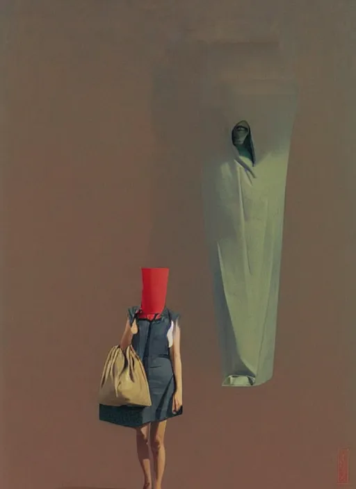 Image similar to women in paper bag over the head with portable oxygen tank Edward Hopper and James Gilleard, Zdzislaw Beksinski, highly detailed