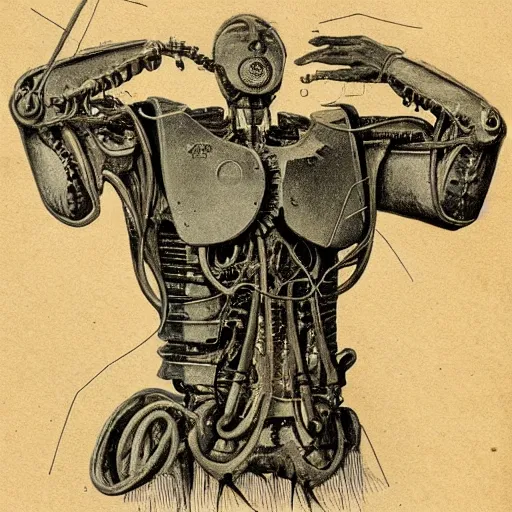 Prompt: drawing in a science book from 1900 of a cyborg, symmetrical