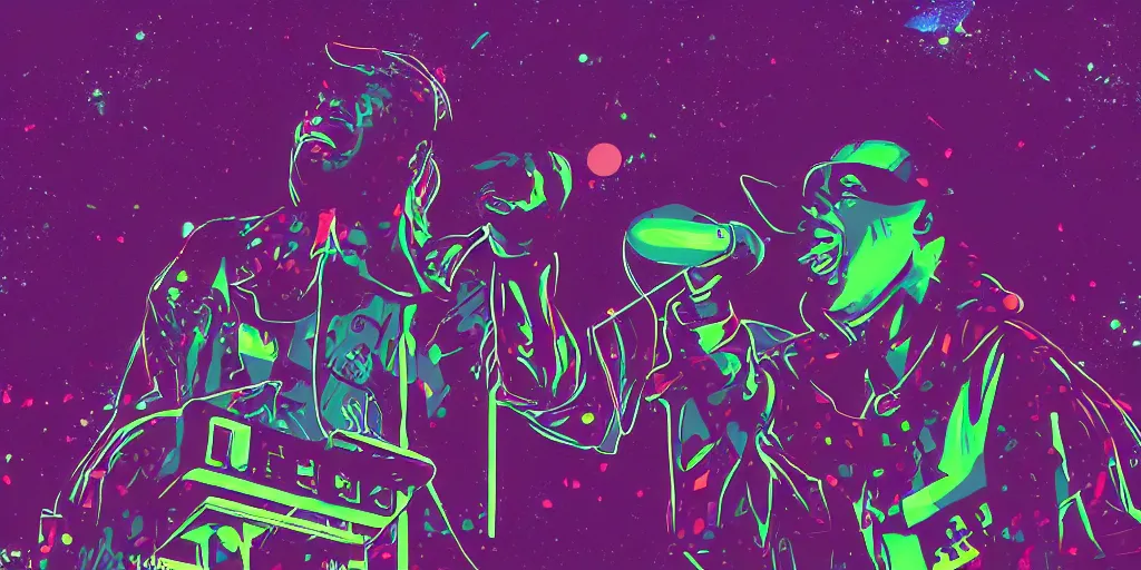 Image similar to rapping into microphone, on stage at festival during lightning storm, digital art, vapor wave, hip hop, surreal, psychedelic, trending on Artstation, professional artist, detailed, 4k