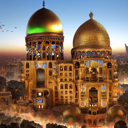 Image similar to colossal steampunk city made of iridescent beetle carapace, ancient middle eastern architecture