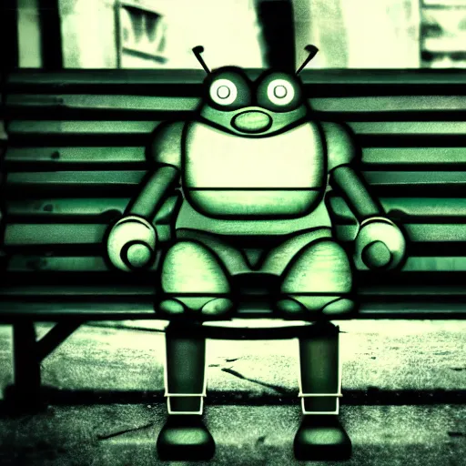 Image similar to vintage phto of a fat robot sitting alone in a streetbench, diezelpunk, cyberpunk, stray, neon lights