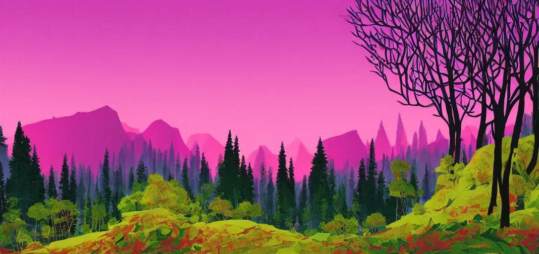 Image similar to a forested landscape, large hanging tree canopies, pink light on the horizon, mountains, vast foliage, by eyvind earle, volumetric lighting, flat color