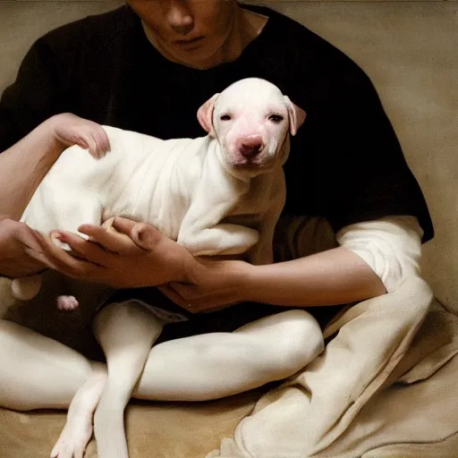 Image similar to tired white pitbull puppy curled up on a japanese man's lap, highly detailed painting, cozy aesthetic