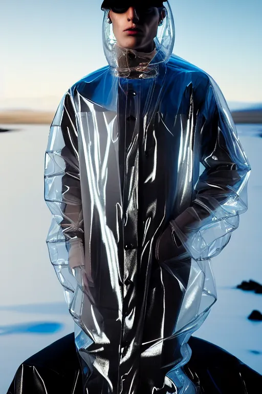 Image similar to an ultra high definition professional high fashion portrait studio full length photograph of a male model wearing a transparent pearlescent raincoat and neon visor in an icelandic black rock environment at dawn. no artefacts. extremely detailed. stark. refraction. shallow depth of field. volumetric light and shadow. ray tracing. light rays.