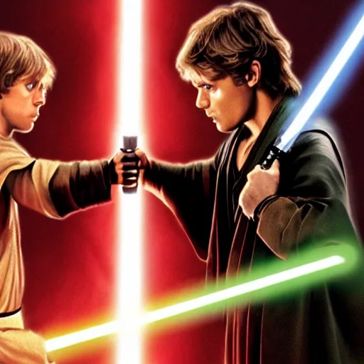 Image similar to luke skywalker fighting anakin skywalker, star wars, lightsaber