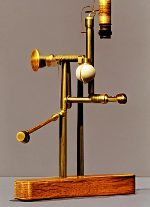 Prompt: realistic photo of scientific gadget made of wood and brass, center straight composition, 1 9 9 0, life magazine photo, museum archival photo