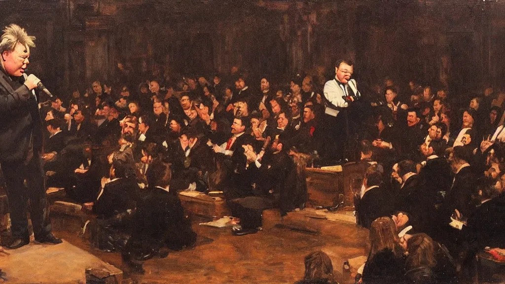 Prompt: Stewart Lee performs stand up to an angry audience, oil on canvas, by Juan Luna