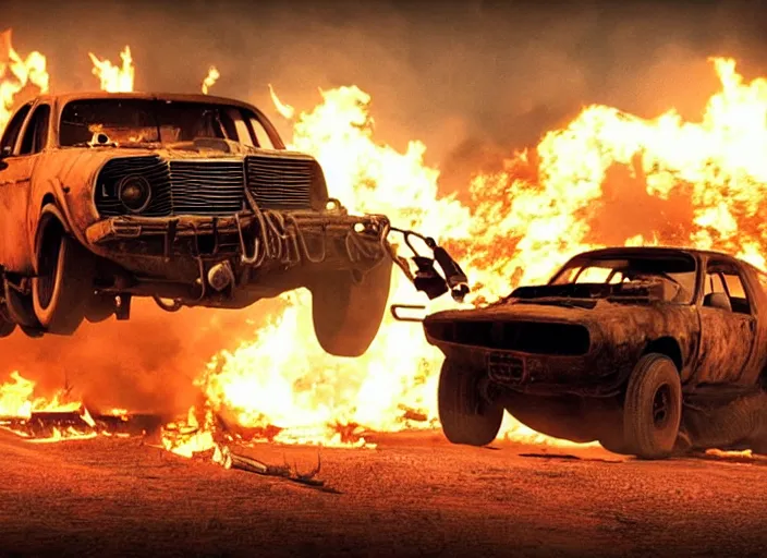 Prompt: mad max car jumping over fire