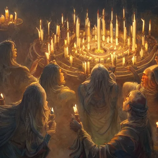 Image similar to highly detail painting of a a group of sorcerers conducting a ritual in a ring of candles in the style of Greg rutkowski and Peter mohrbacher