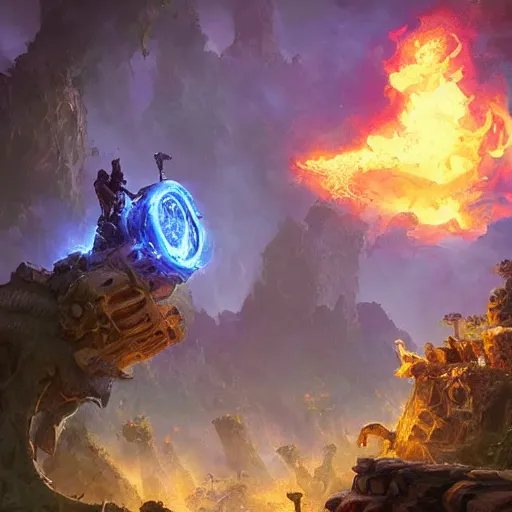 Image similar to a glowing metal rock, magic smoke, small creatures in the background, hearthstone art style, epic fantasy style art by Craig Mullins, fantasy epic digital art, epic fantasy card game art by Greg Rutkowski