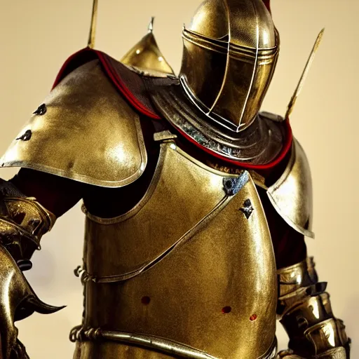 Prompt: a great real life knight in golden red armor made of polished dragon bones looks relaxes, hd 8 k