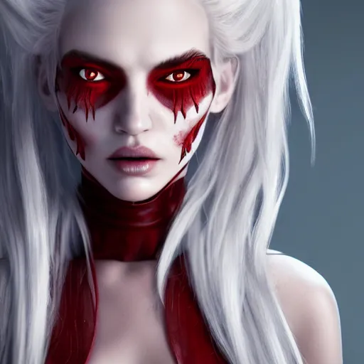 Image similar to a highly detailed portrait of a humanoid demon girl with white hair, red horns, in white clothes, artstation, deviantart, professional, unreal engine 5, photorealistic