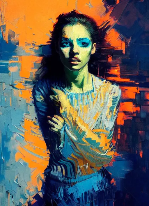Image similar to portrait of beautiful girl, dancing, ecstatic, nighclub, sunset, shades of orange and blue, beautiful face, rule of thirds, intricate outfit, spotlight, by greg rutkowski, by jeremy mann, by francoise nielly, by van gogh, digital painting