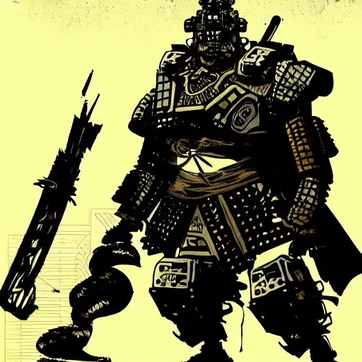 Image similar to the large cyberpunk!! samurai in military armor!! is horrified by something behind the camera, portrait by ashley wood and alphonse mucha and laurie greasley and josan gonzalez. illustration, pop art, cinematic. realistic proportions. moody industrial setting. artstationhq. smooth. sharp focus