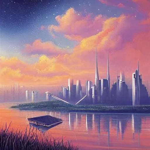 Prompt: Beautiful city of the future in harmony with nature. Nice colour scheme, soft warm colour. Beautiful painting by Lurid. (2022)