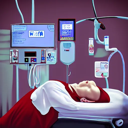 Prompt: IV station with patient in hospital bed getting blood transfusion, digital art