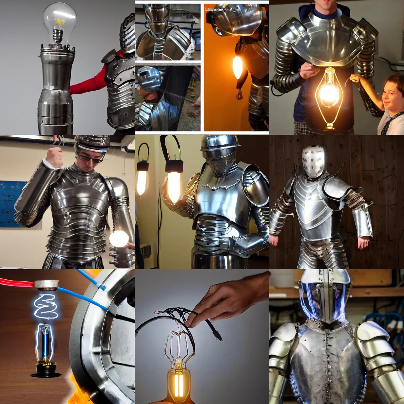 Prompt: conducting electricity through a suit of armor to power a light bulb