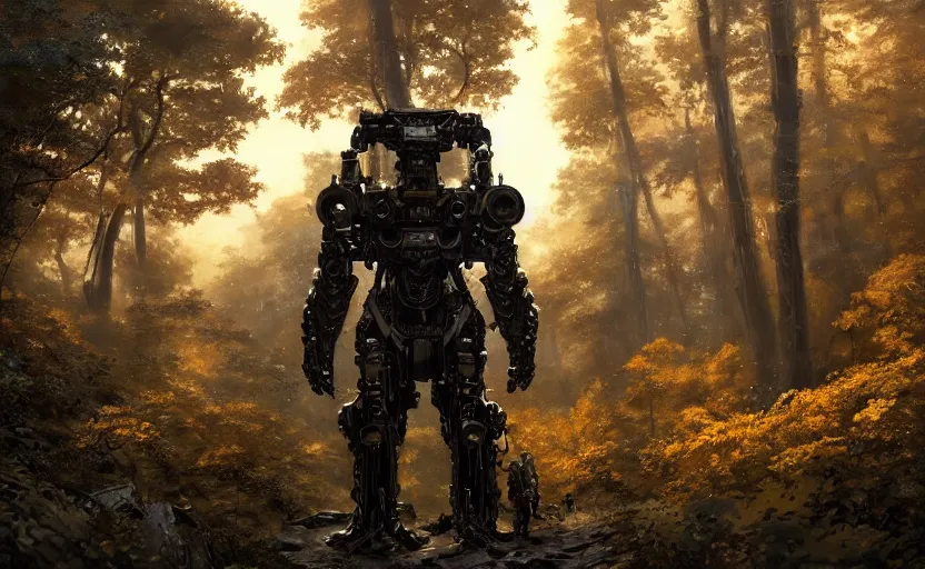 Image similar to detailed intricate digital illustration by greg rutkowski and artgerm and wlop and sanford robinson gifford ; bearded man in an advanced warfare exoskeleton mech suit, standing in the yggdrasil forest large trees ; 1 3 mm film, arri alfa anamorphic lens ; sharp focus, golden hour lighting, trending on artstation 4 k ; close view