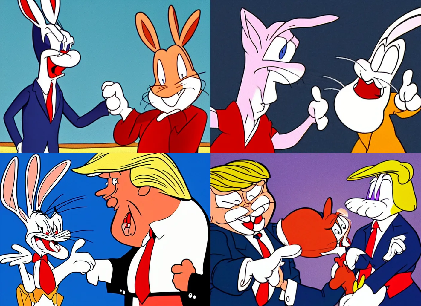 Prompt: a warner brothers style cartoon of bugs bunny shaking hands with donald trump, bugs bunny is winking and holding tnt behind his back