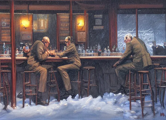 Prompt: a painting of two men sitting at bar during a blizzard by Michael Whelan, dim lighting, ominous tone.