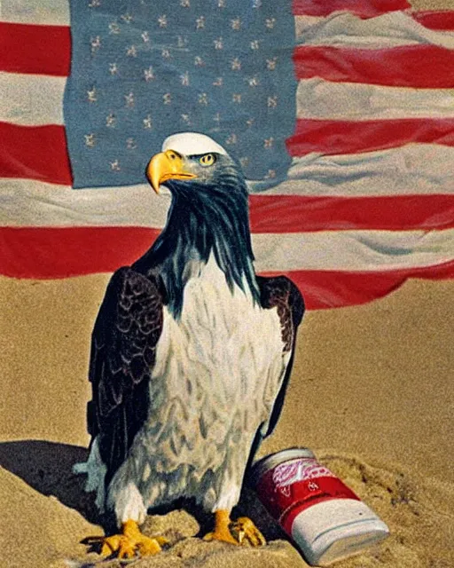 Image similar to postcard showing 'a cool bald eagle perched on a beach chair with shades and a beer bottle' laying in the sand, advertisement, american flag