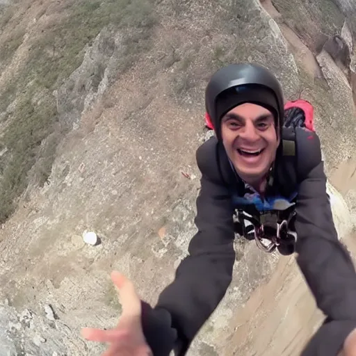 Image similar to GoPro video of Mr Bean base jumping close-up selfie