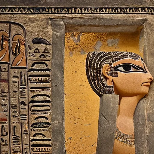 Image similar to a fijian queen looks down on her city from the palace balcony, ancient egyptian artwork