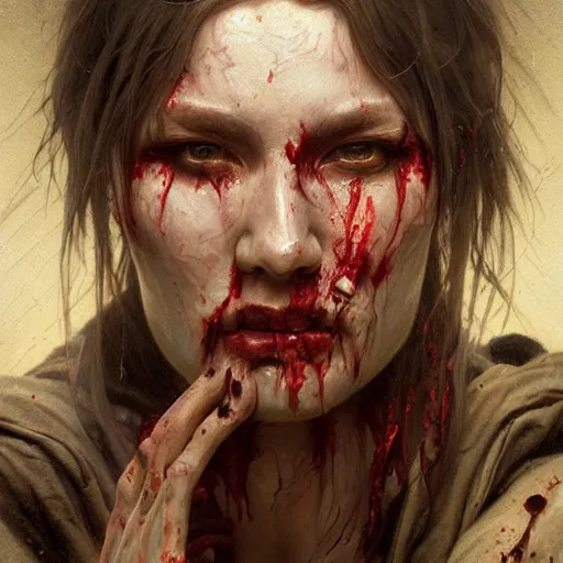 Image similar to portrait painting of a bloodied butcher, ultra realistic, concept art, intricate details, eerie, highly detailed, photorealistic, octane render, 8 k, unreal engine. art by artgerm and greg rutkowski and alphonse mucha
