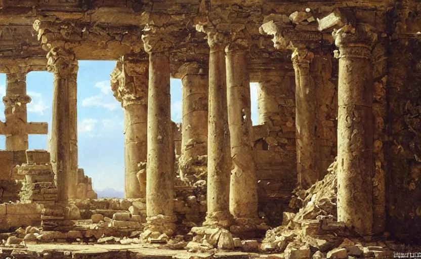 Prompt: The interior of an mytical and ancient temple in ruins. By Konstantin Razumov, highly detailded