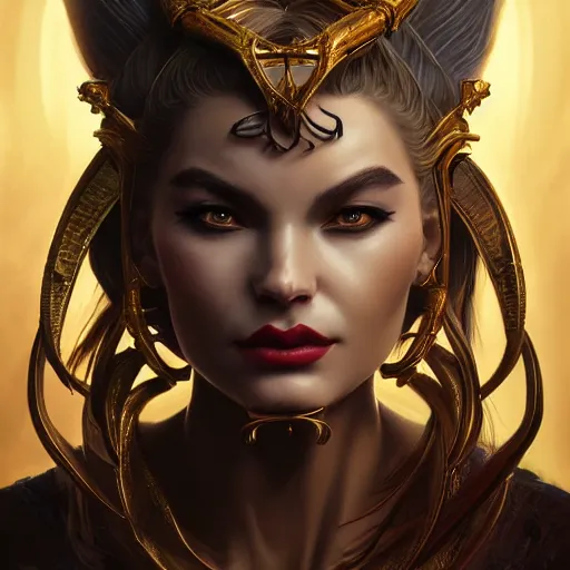 Image similar to perfectly - centered - portrait - photograph of an evil sinister goddess, the perfect human female specimen, intricate, elegant, super highly detailed, professional digital painting, artstation, concept art, smooth, sharp focus, no blur, no dof, extreme illustration, unreal engine 5, 8 k, art by artgerm and greg rutkowski and alphonse mucha loish and wlop