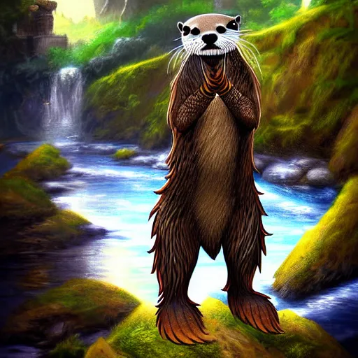 Image similar to furry otter warrior, fantasy art, lightweight armour, near the river, waterfall, digital art, high quality