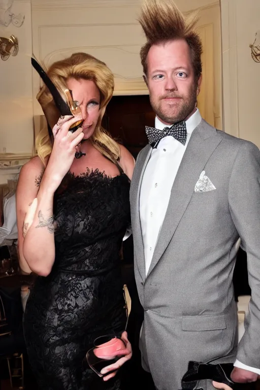 Prompt: a photo of Beavis and Butt-head in fancy clothes at a high-class party