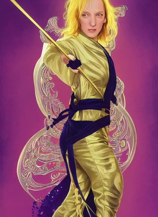 Prompt: uma thurman in kill bill, rococo and art nouveau fusion, iridescent diaphanous refractive and reflective katana, yelliw jumpsuit, highly detailed, deep focus, elegant, digital painting, smooth, sharp focus, illustration, ultra realistic, 8 k, art by artgerm and alphonse mucha