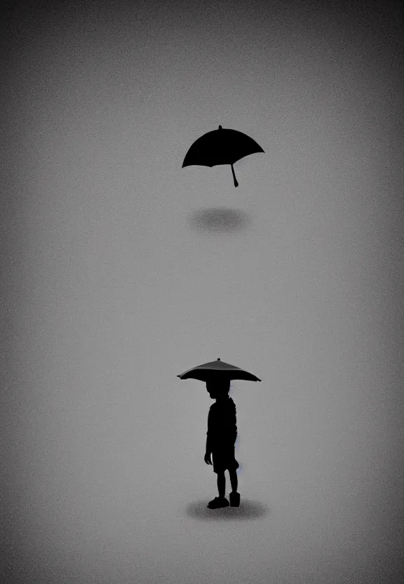 Image similar to little boy standing, holding umbrella in front of playground, at night, full moon, minimalist, black and white artwork, anime style