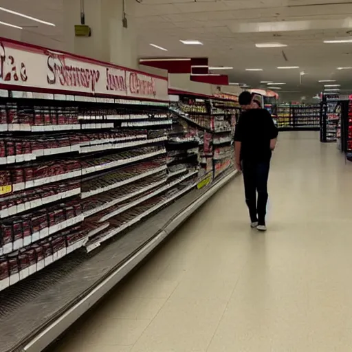 Prompt: empty grocery store, blurry shadow figure cashier, red eyes