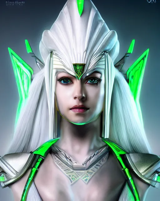 Prompt: perfect white haired attractive egyptian goddess with green eyes, warframe armor, pharaoh headdress, beautiful, symmetric, dreamy, half asian, pretty face, charlize theron, detailed, scifi platform, laboratory, experiment, 4 k, ultra realistic, epic lighting, android body, illuminated, cinematic, masterpiece, art by akihito tsukushi, voidstar