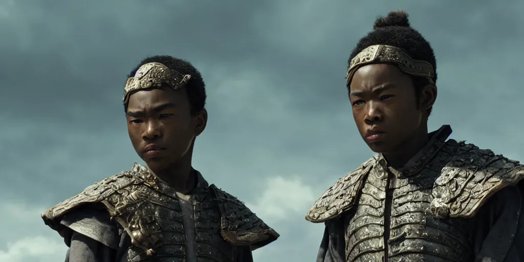 Image similar to a film still of a black boy starring in a japanese blockbuster film as ancient samurai, intense, shallow depth of field, cinematic, award winning cgi, vfx, film still