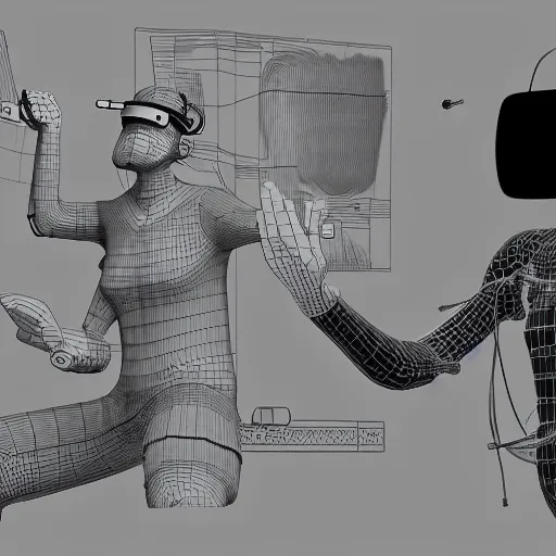 Image similar to rpg character concept art, modular synth musician patching cables, wires flying in the air, wearing a bespoke vr headset designed by demobaza, in the style of jamie hewlett hiroya oku riyoko ikeda, 3 d render, artstation trending, 8 k, octane render, photorealistic, sharp detail, manga, black and white