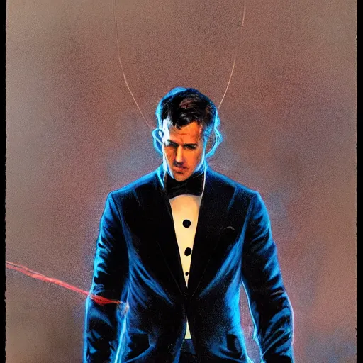 Image similar to ryan reynolds as spider - man, wearing a black and blue suit, cinematic, volumetric lighting, f 8 aperture, cinematic eastman 5 3 8 4 film, photorealistic by greg rutkowski, by stanley artgerm, by alphonse mucha