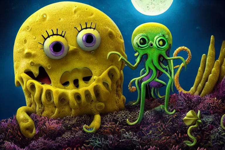 Prompt: Spongebob Cthulhu nightmare, photorealistic, high detail, movie poster, moon surface, silhouetted, lunar horizon