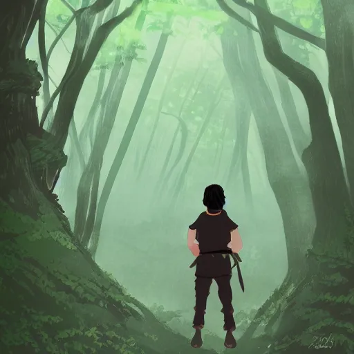 Image similar to a close shot of a ninja standing in a forest by studio ghibli, detailed, gloomy, digital art,